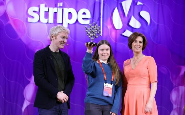 Stripe co-founder and former Young Scientist winner Patrick Collison, with the 2026 Stripe Young Scientist winner Aoibheann Daly, and Fine Gael Minister for Education, Hildegarde Naughton.