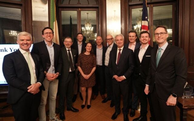 The winners of the 2026 IrishCentral Financial Awards - Darragh O Flaherty, Conor Twomey, Alan Merriman, Fergus Keenan, Kathryn Spain, Sean Murray, Professor Andrew Bukrke, Angus Miller, Harry Donnelly - photographed with New York Consul General Gerald Angley and Chair of IrishCentral Liam Lynch.