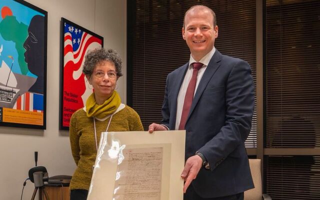 Northern Ireland\'s Communities Minister Gordon Lyons pictured at a recent visit to the Library of Congress in Washington, DC with Dr Julie Miller, Curator of Early American Manuscripts at the Library of Congress.