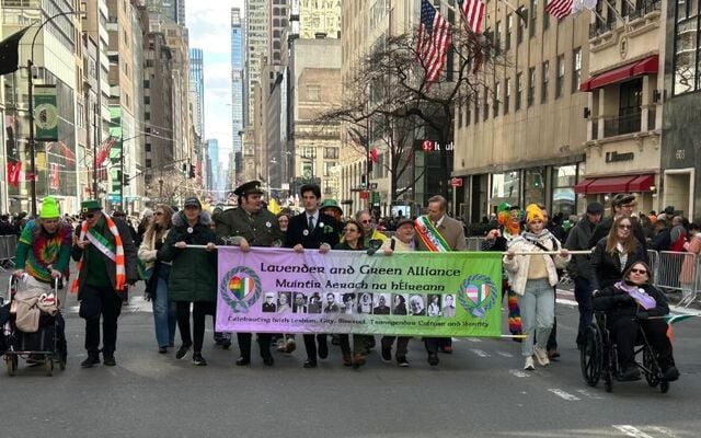 From L to R: Michael-Vincent Crea, Thomas O’Grady, Michael Kane, Caitlin Herrity, Jack Schlossberg, Clover Welsh, Layla Law Gisiko, David Warren, Brendan Fay, Dr. John Lahey, Aaron Pesin, Abby Donley, Robert Cleary, Nicholas Dodd, Sheila and Meghan Brophy marching in the 2026 NYC St. Patrick\'s Day Parade.