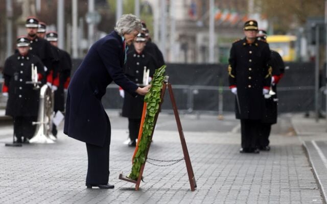 President Catherine Connolly lays a wreath during the State Commemoration to mark the Anniversary of the 1916 Rising on Easter Sunday. 