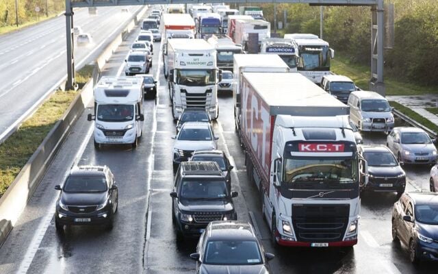 April 9, 2026: The M50 motorway at a complete standstill around Dublin, as blockades by a nationwide fuel protest have brought traffic to a halt in many parts of the country. 