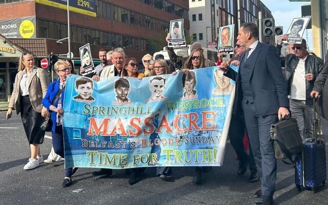 April 30, 2026: Families of the Springhill victims walking to Belfast Coroner\'s Court to hear the findings of the inquest.