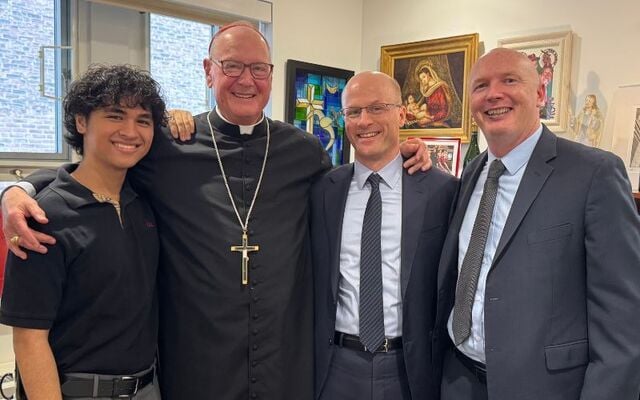 (L to R) Ryan Lane, Cardinal Timothy Dolan, Parade Chairman Sean Lane, and Parade Vice Chairman Brendan Benn.