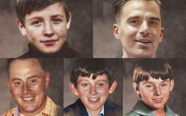 (Clockwise from top left) Springhill Massacre victims John Dougal, Father Noel Fitzpatrick, Patrick Butler, David McCafferty, and Margaret Gargan.