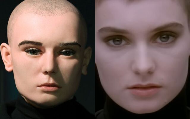 The Sinéad O\'Connor wax figure unveiled in 2024 (L) and Sinéad O\'Connor in the music video for \"Nothing Compares 2 U\" (R).