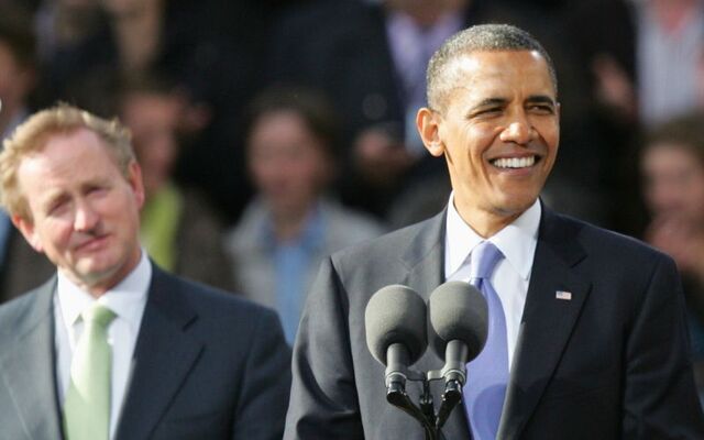 Former Irish leader Enda Kenny and Barack Obama as the former president spoke to the public on College Green, in Dublin, in 2011.