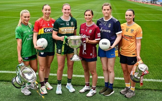 July 29, 2026: Fermanagh captain Shannan McQuade, Carlow captain Róisín Bailey, Kerry captain Síofra O’Shea, Galway captain Kate Geraghty, Roscommon captain Helena Cummins, and Antrim captain Bronagh Devlin in Croke Park ahead of the TG4 All-Ireland Ladies Football Championship finals