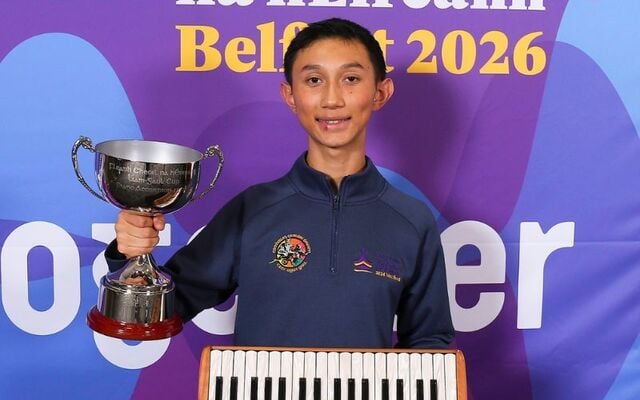 Rio Navarro of CCÉ, Killoran-Clancy-Whelan, California, US. 1st Place All-Ireland Winner of the Cathal Flynn Memorial Trophy for Piano Accordion (15-18 years) at the 2026 Comhaltas Ceoltóirí Éireann All-Ireland Fleadh Cheoil in Belfast.