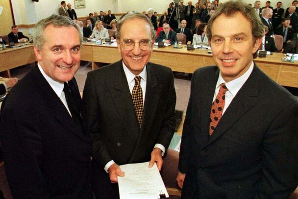 April 10, 1998: Ireland\'s Taoiseach Bertie Ahern, US Senator George Mitchell, and British Prime Minister Tony Blair at Castle Buildings, Belfast, after signing the Good Friday Agreement.