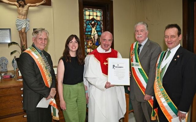 Bronx AOH President  Martin Galvin,Deputy Irish Consul General Roisin Leonard, Fr. Brendan Fitzgerald,  aide to Congressman Richie Torres Joseph McManus and New York State AOH President Thomas Beirne.