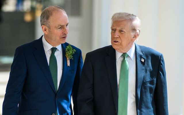 March 17, 2026: President Donald Trump and Taoiseach Micheál Martin walk along the West Colonnade to the Oval Office of the White House.