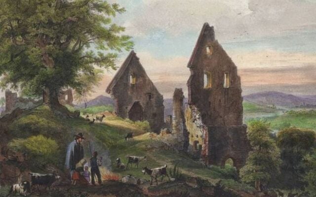 “The Ruins of the Disibodenberg Monastery\". (Lithograph, 1833. From Gemeinfrei IGL-Bildarchiv.)