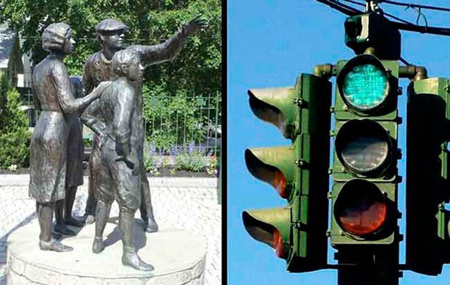 The Stone Throwers, an Irish memorial statues and the \"Green over Red\" traffic light.