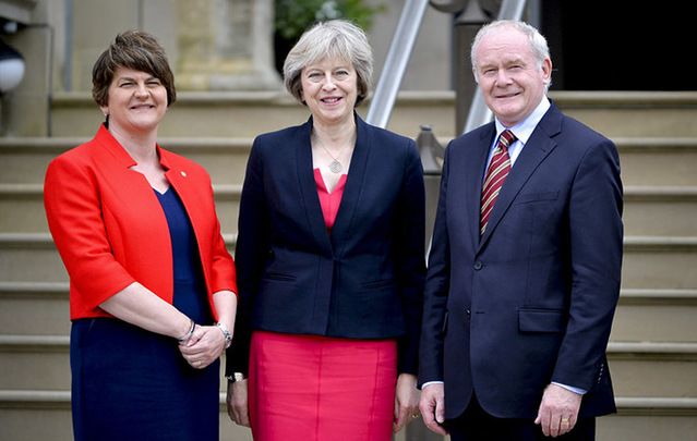 Fist Minister Arlene Foster, British Prime Minister Theresa May and Deputy First Minister Martin McGuinness.