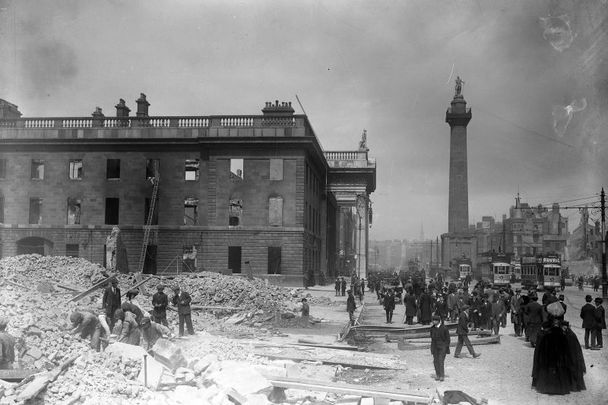 The shell of the G.P.O. on Sackville Street (later O\'Connell Street), Dublin in the aftermath of the 1916 Rising.