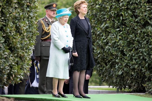 Queen Elizabeth II photographed at the Garden of Remembrance with the former Irish president Mary McAleese. 
