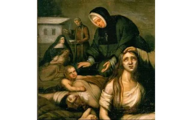 A painting of the Grey Nuns tending to the Irish at the fever sheds in Montreal.
