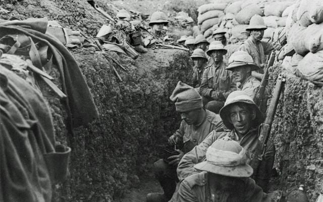 1915: Soldiers in the trenches on the southern section of Gallipoli Peninsula during World War I. The men belong to the Royal Irish Fusiliers.