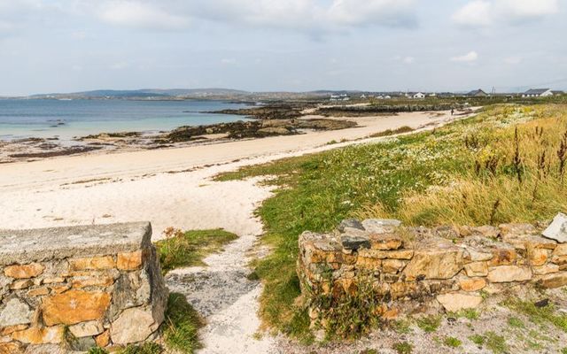 The white sand of the beach at Ballyconneely in the south east corner of Mannin Bay, County Galway.\n