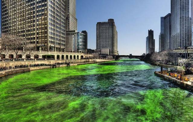 A green Chicago River on St. Patrick\'s Day.