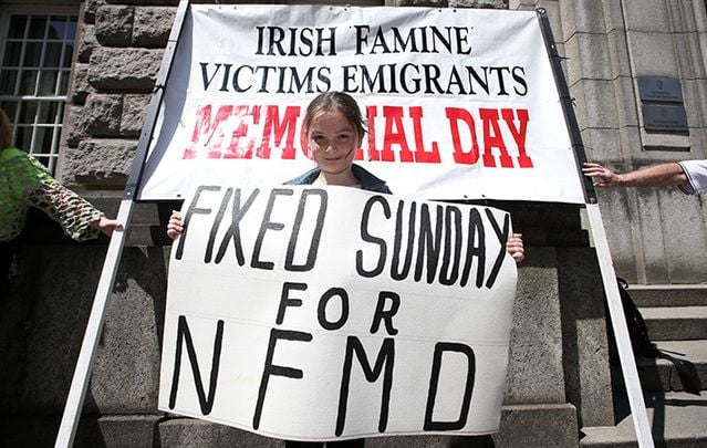 Ciara Blanch (7) from Tallaght Dublin joined people demonstrating outside the Department of Jobs, Enterpirse and Skills. They are campaining for a sepecific day for the Irish Famine Victims Emigrants
