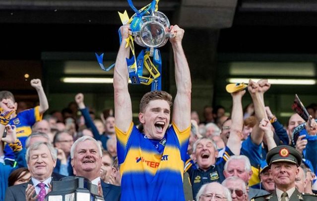 Tipperary captain Brendan Maher holds the Liam McCarthy cup aloft after a stunning 2016 All-Ireland hurling final win.