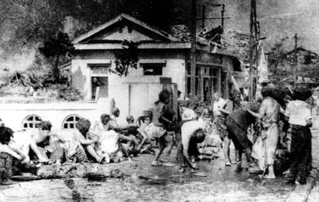 Survivors of the bombing of Hiroshima, south of the city.