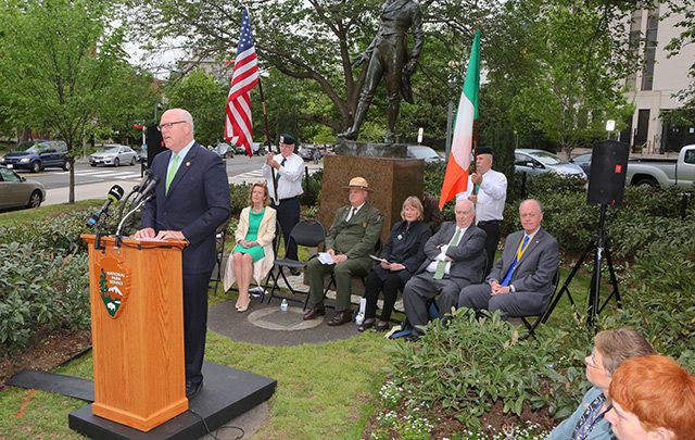 Congressman Joe Crowley speaking at the rededication ceremony back in the spring.
