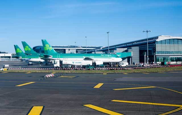 Aer Lingus planes lined up at Terminal 2 at Dublin Airport.