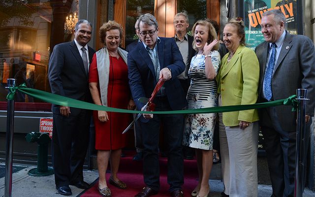 Actor Matthew Broderick, flanked by Consul General Barbara Jones and Irish Ambassador to the U.S. Anne Anderson, cuts the ribbon to open the Irish Repertory Theatre on Saturday.