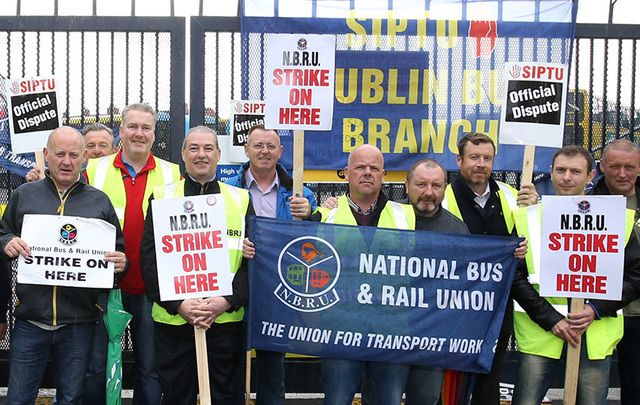 Dublin Bus drivers striking outside a depot last weekend.