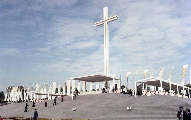 29th September 1979 - A view of the specially constructed papal mass altar in the Phoenix Park, Dublin totally dominated by the gigantic Papal Cross.