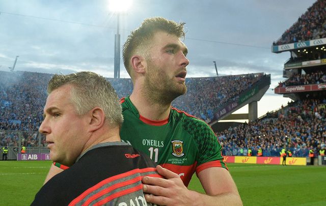 Mayo boss Stephen Rochford and Aidan O’Shea following the loss on Saturday.