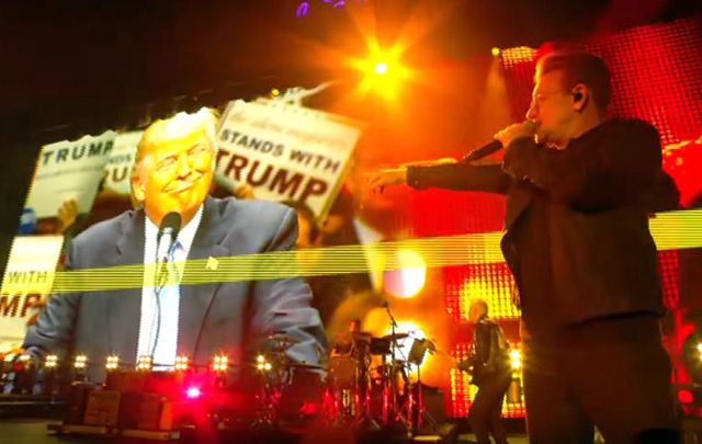 “Candidate, what’s your vision for this great nation?” Bono challenged a giant video projection of Donald Trump talking about his wealth.