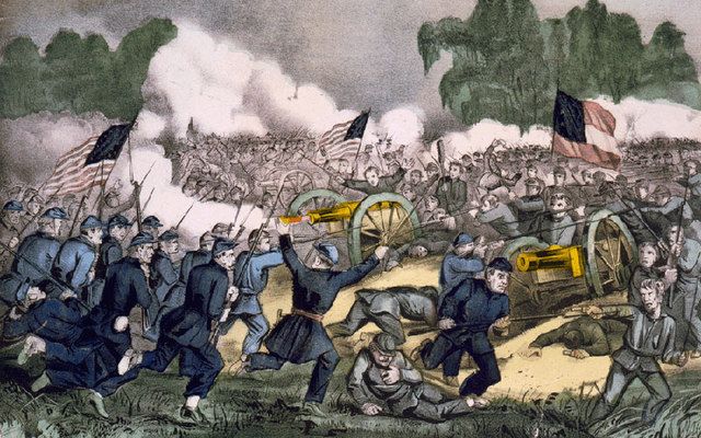 The battle of Gettysburg, Pa. July 3d. 1863, Hand-colored lithograph by Currier and Ives.