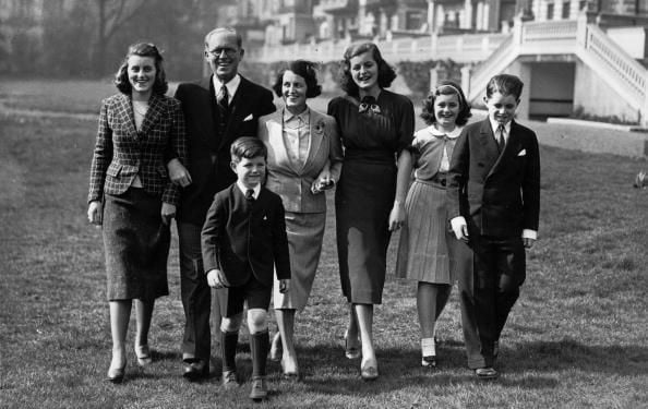 Joseph Patrick Kennedy (1888 - 1969), the American Ambassador and financier with his wife and five of their nine children at the Princes Gate home in London. Left to right: Kathleen, Edward (who became a Democratic senator), Joseph Kennedy, wife Rose Kennedy, Patricia (1924 - 2006), Jean and Robert, who became a Democratic senator before his assassination.