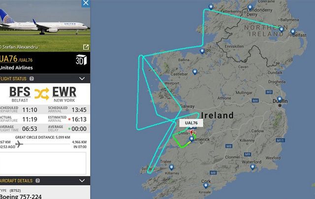 Map shows emergency route United flight had to take before emergency landing at Shannon.