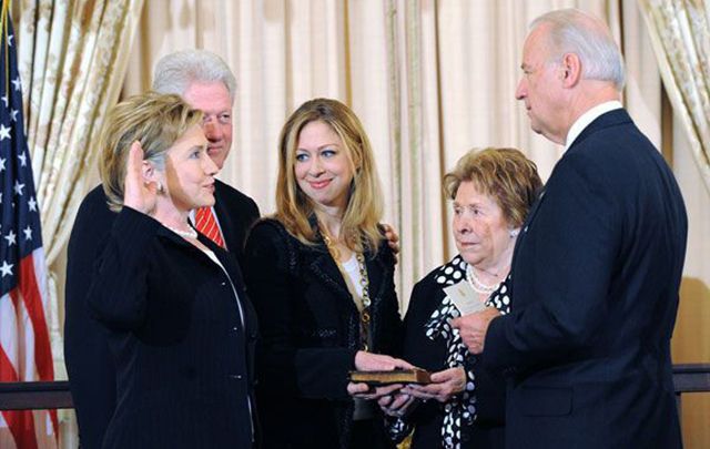 Joe Biden with Hillary Clinton during her swearing in ceremony as Secretary of State. Could Clinton appoint Biden for the same role?