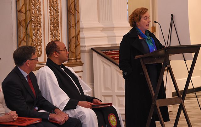 Irish Consul General the Hon. Barbara Jones speaking at St. Paul's Chapel during the rededication ceremony.