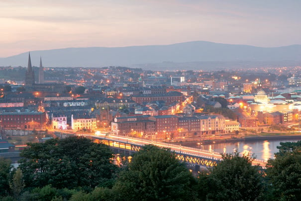 Derry city at twilight.