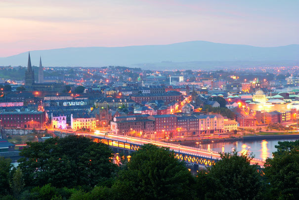 Derry city at twilight.