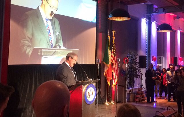 US Ambassador to Ireland Kevin O'Malley addresses the crowds gathered to watch the election at Guinness Storehouse.