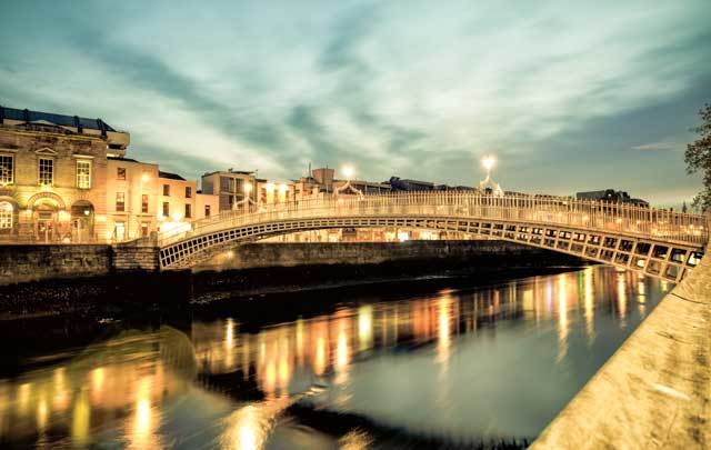 The Ha\' Penny Bridge, on the River Liffey, in Dublin.