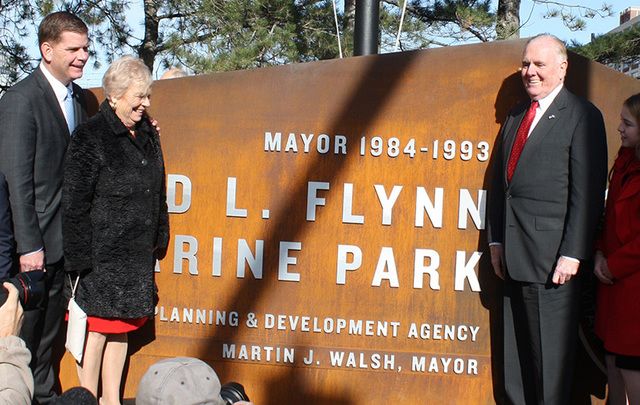 Mayor Marty Walsh pictured with Cathy Flynn and Mayor Flynn unveiling the Raymond L. Flynn Marine Park
