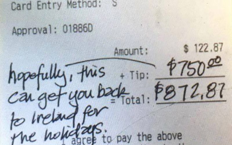 Massive tip means Irish waiter's Christmas dreams come true