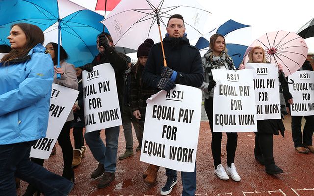 Teachers stage a strike on November 8 in Baldoyle, Co. Dublin.