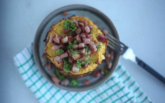Savory cauliflower pancakes with diced bacon.