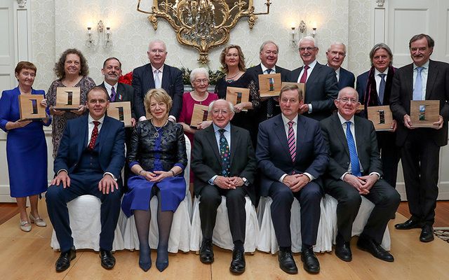 Presidential Distinguished Service Award for the Irish Abroad: Sr. Mary Sweeney, Kathleen Walsh D’Arcy, Brendan Fay, Nora Higgins, Angela Brady, Brian Wogan, Gerard Lawless, Norman McClellan, Martin von Hildebrand Mulch and Garret Fitzgerald. Front: Joe McHugh, Minister of State for the Diaspora and Overseas Development Aid, Sabina Higgins, President Michael D. Higgins, Taoiseach Enda Kenny and Charlie Flanagan, Minister for Foreign Affairs and Trade.