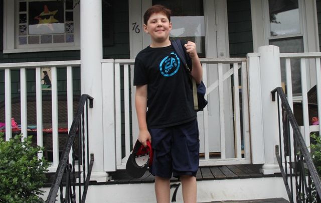 Will Lahey, doing well, outside his family home in Braintree, MA.
